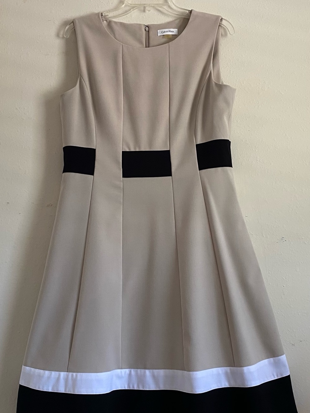 Calvin Klein Beige Sleeveless Fit-and-Flare Dress with Black and White Bands